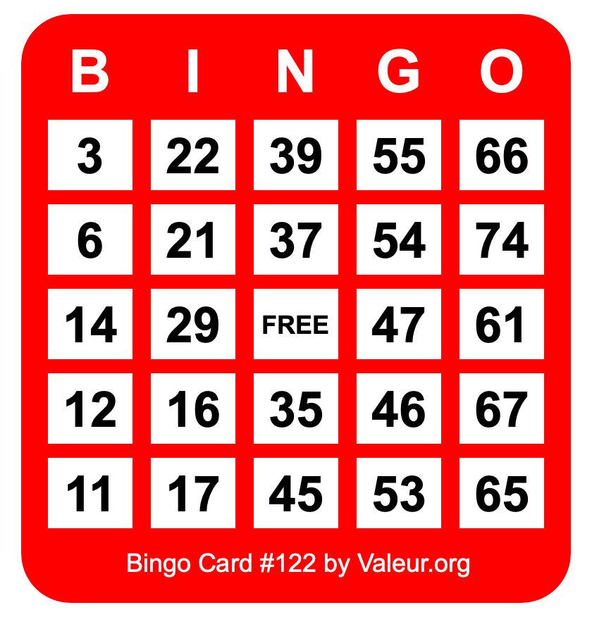 Bingo Card #122 Bingo Card #122