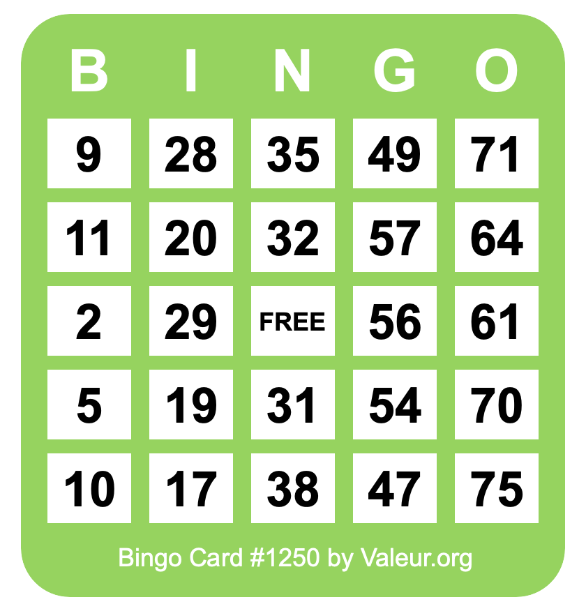 Bingo Card #1250 Bingo Card #1250