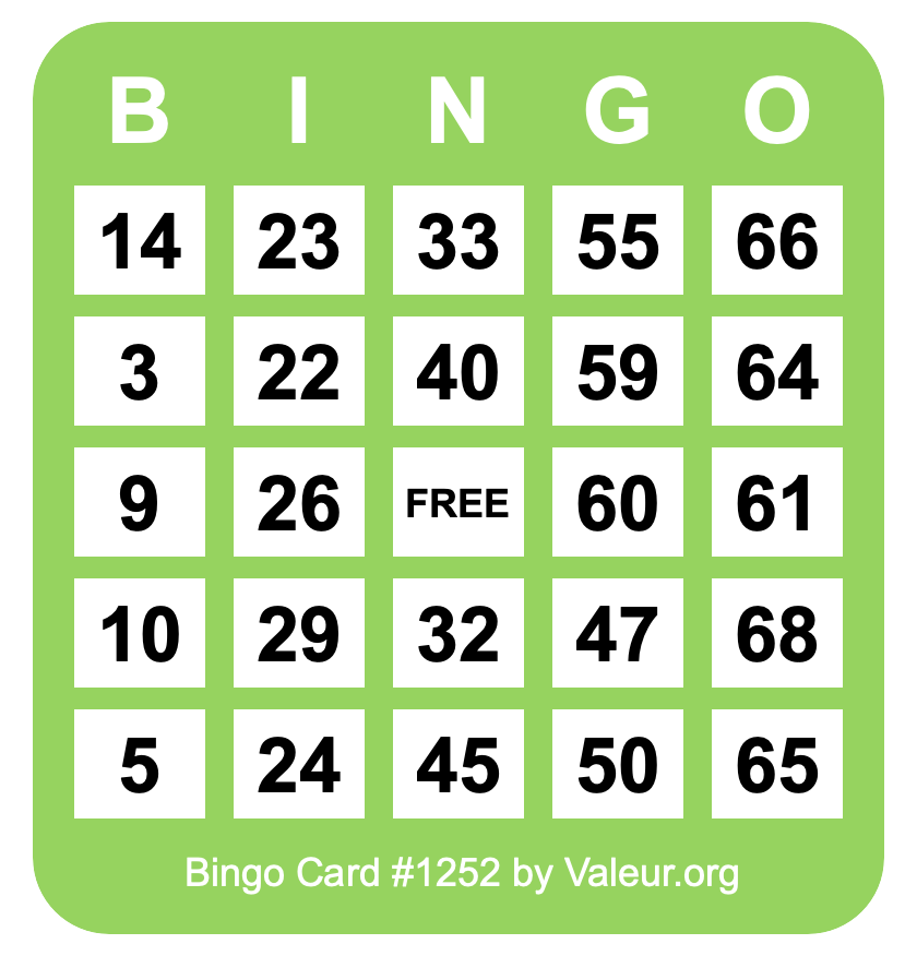 Bingo Card #1252 Bingo Card #1252