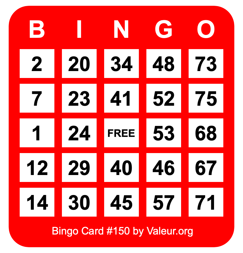 Bingo Card #150 Bingo Card #150