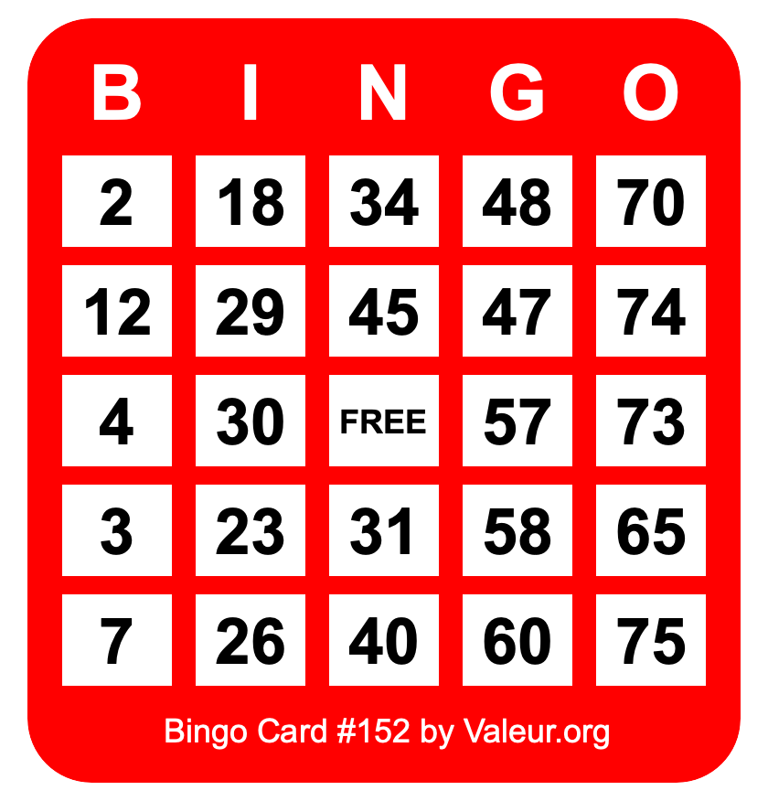 Bingo Card #152 Bingo Card #152