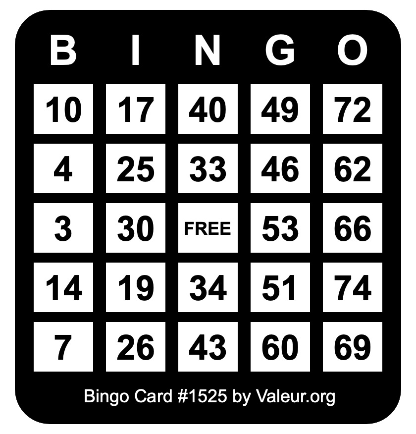 Bingo Card #1525 Bingo Card #1525