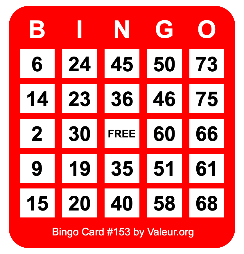 Bingo Card #153 Bingo Card #153