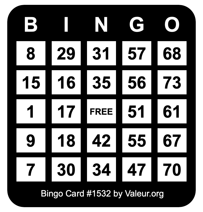 Bingo Card #1532 Bingo Card #1532
