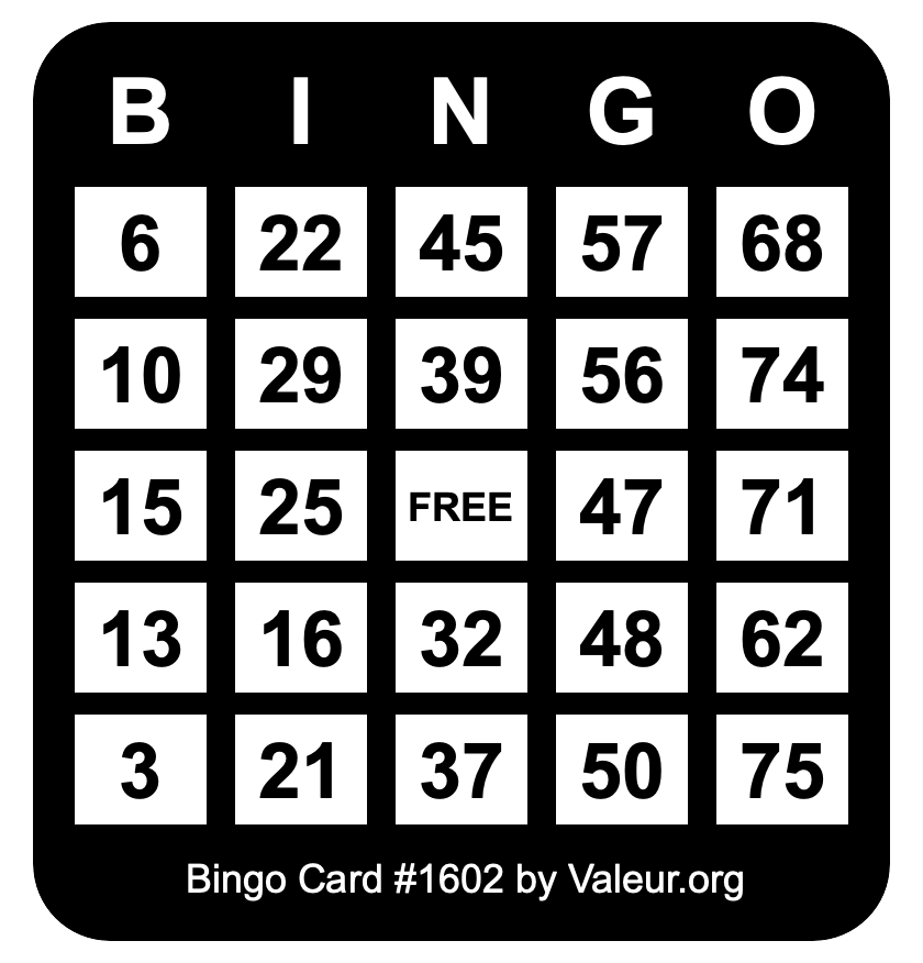 Bingo Card #1602 Bingo Card #1602