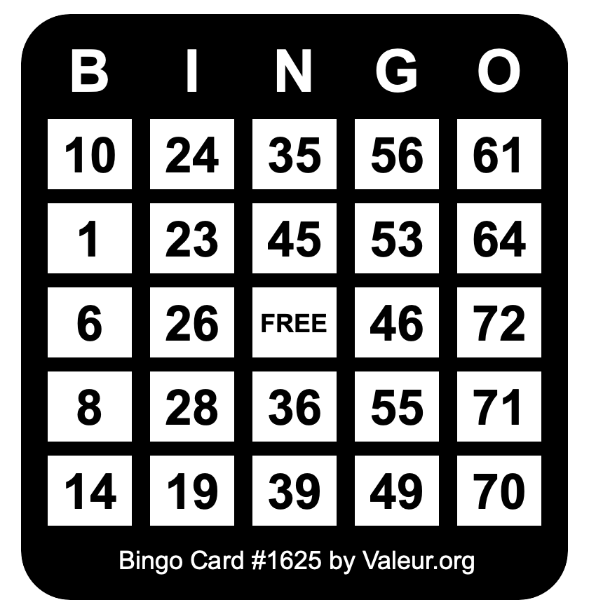 Bingo Card #1625 Bingo Card #1625