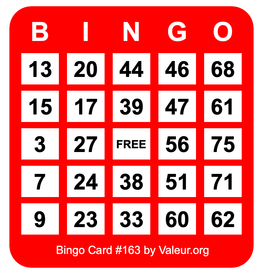 Bingo Card #163 Bingo Card #163