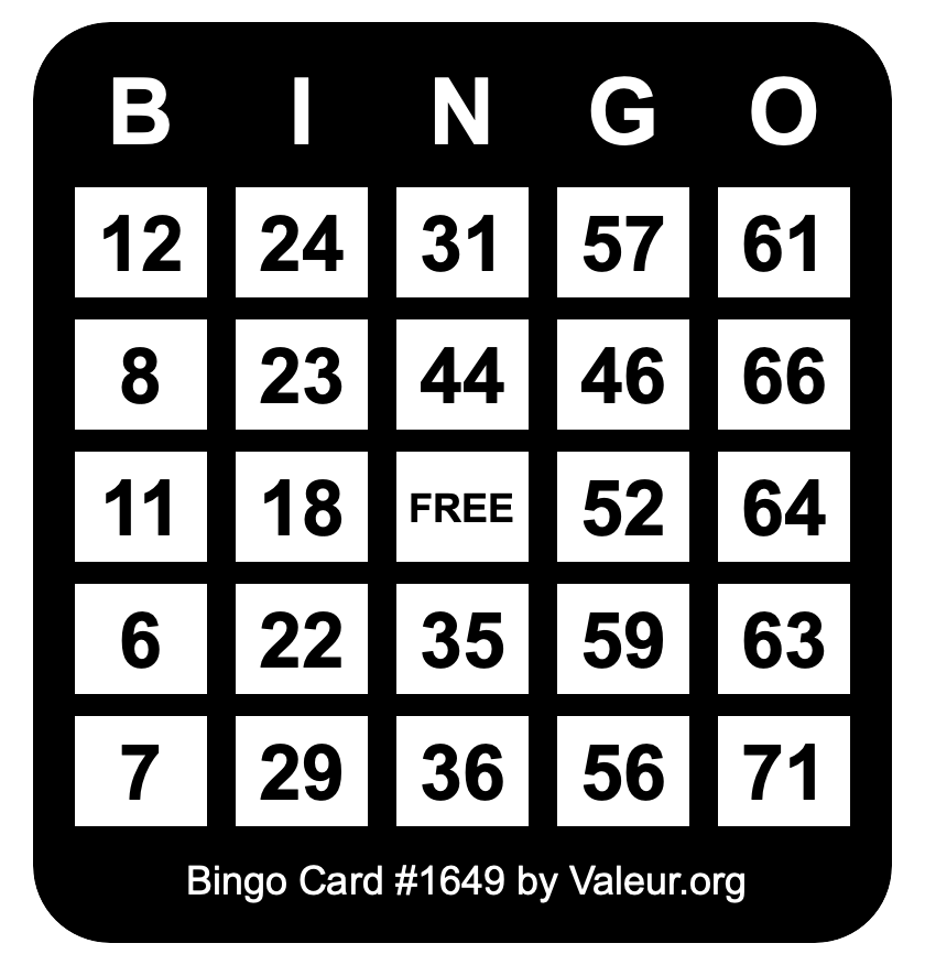 Bingo Card #1649 Bingo Card #1649
