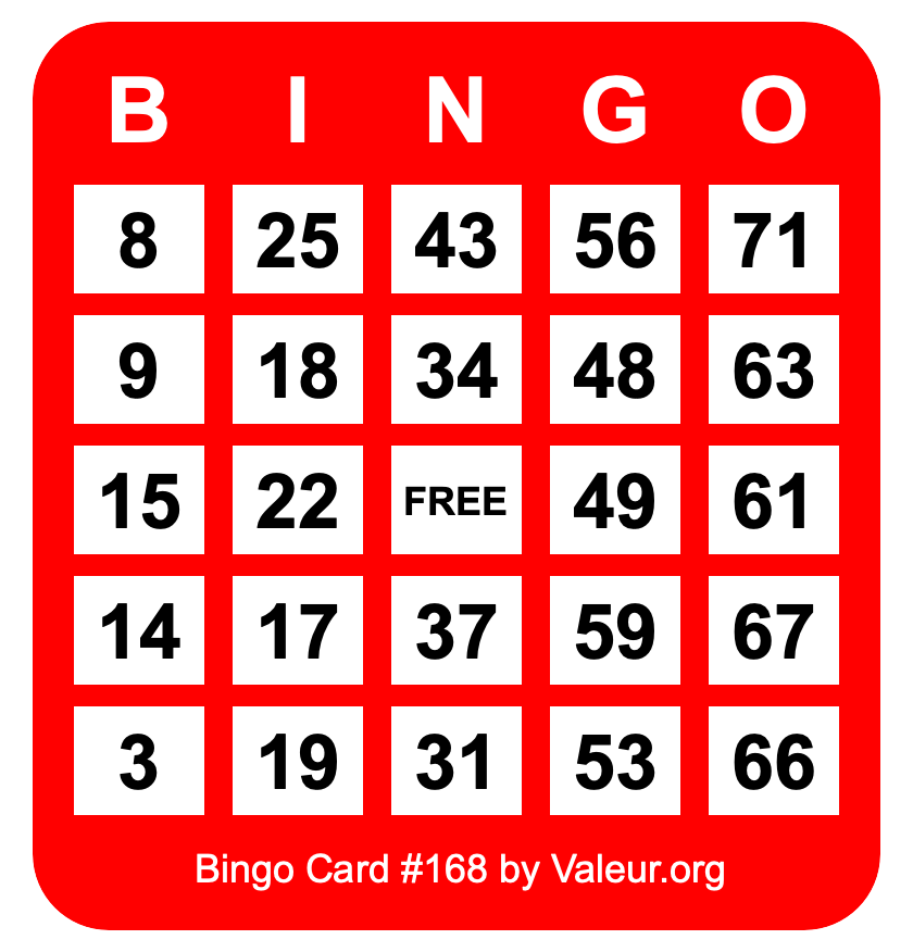 Bingo Card #168 Bingo Card #168