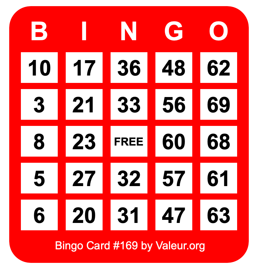 Bingo Card #169 Bingo Card #169