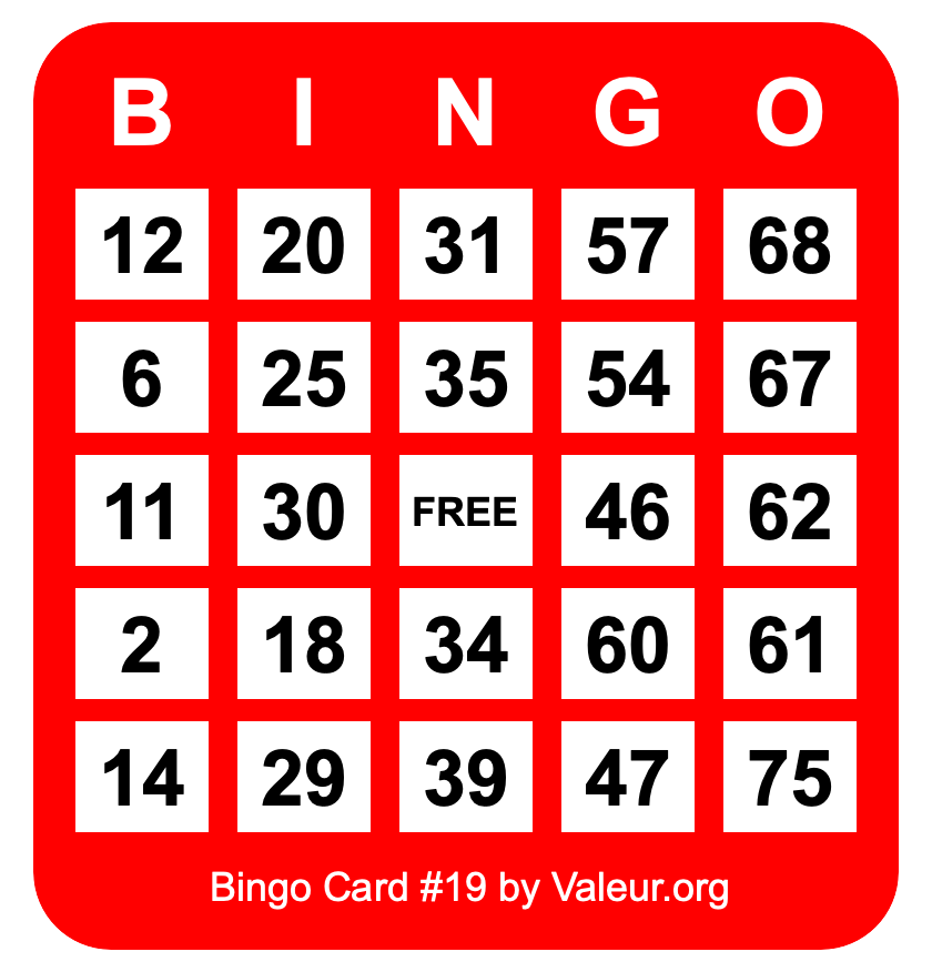 Bingo Card #19 Bingo Card #19