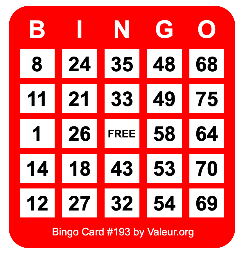 Bingo Card #193 Bingo Card #193