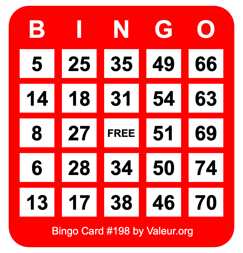 Bingo Card #198 Bingo Card #198