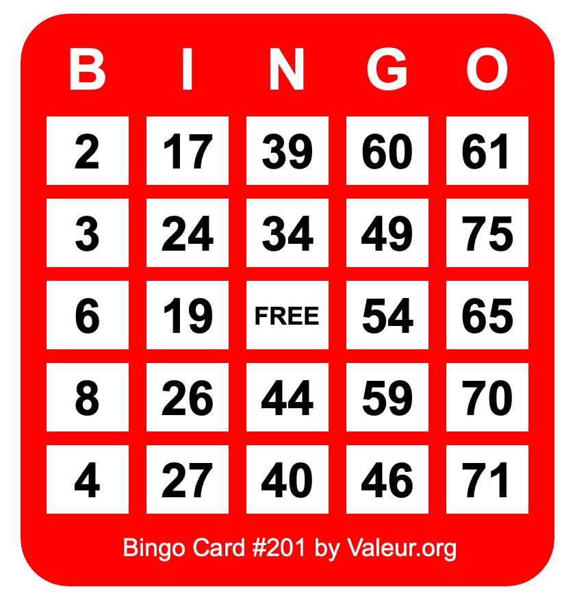 Bingo Card #201 Bingo Card #201