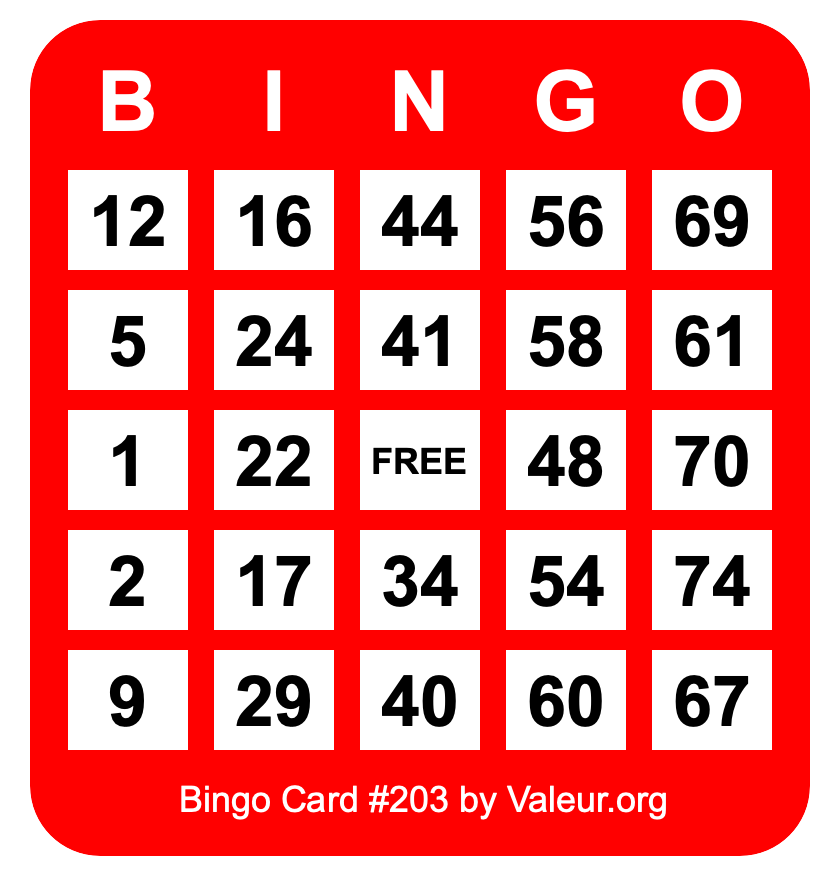 Bingo Card #203 Bingo Card #203