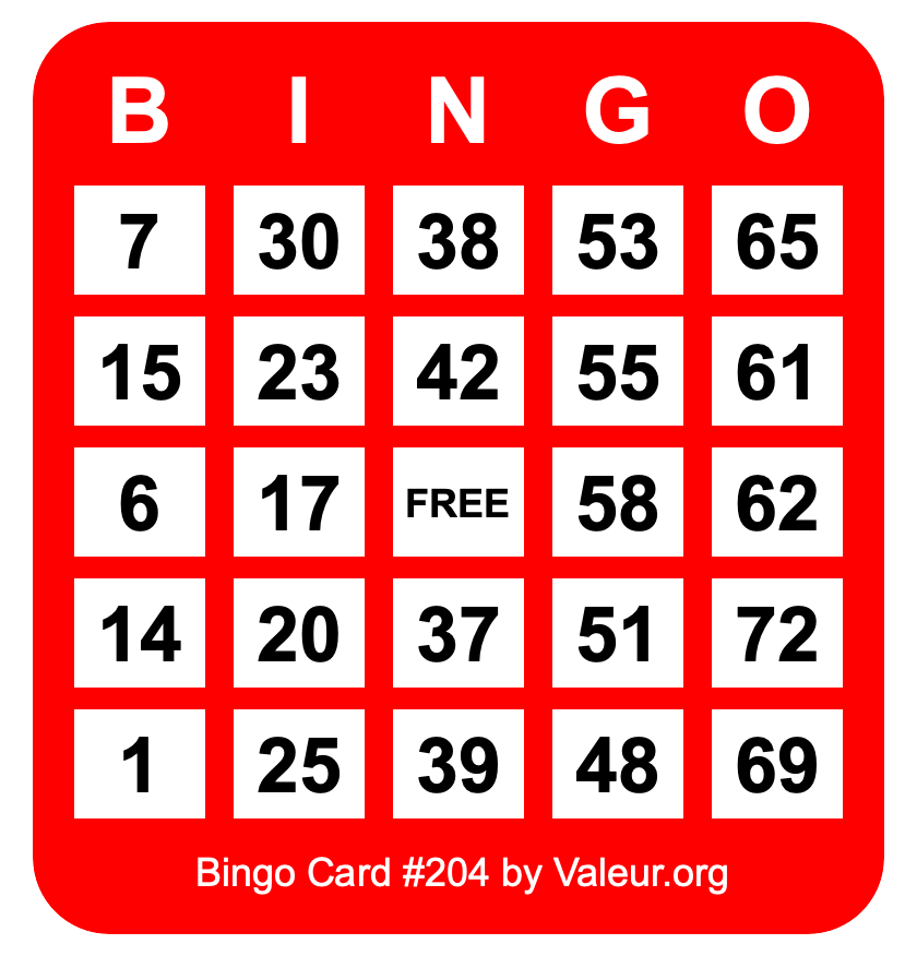 Bingo Card #204 Bingo Card #204