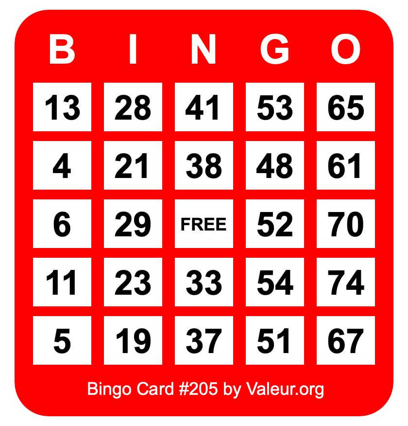 Bingo Card #205 Bingo Card #205