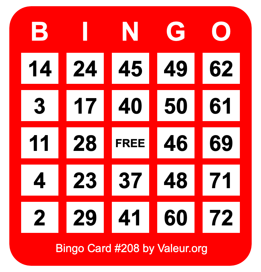 Bingo Card #208 Bingo Card #208