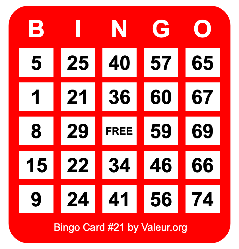 Bingo Card #21 Bingo Card #21