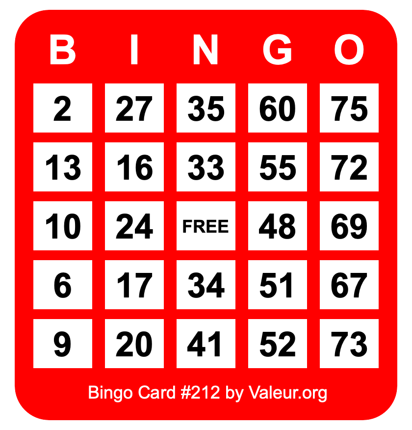 Bingo Card #212 Bingo Card #212