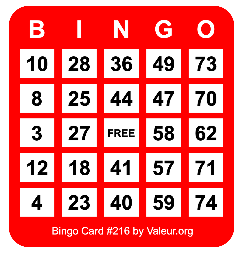 Bingo Card #216 Bingo Card #216