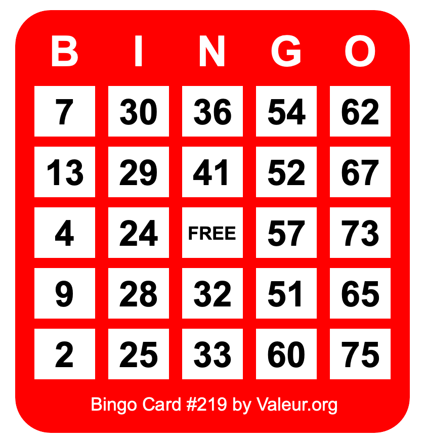 Bingo Card #219 Bingo Card #219