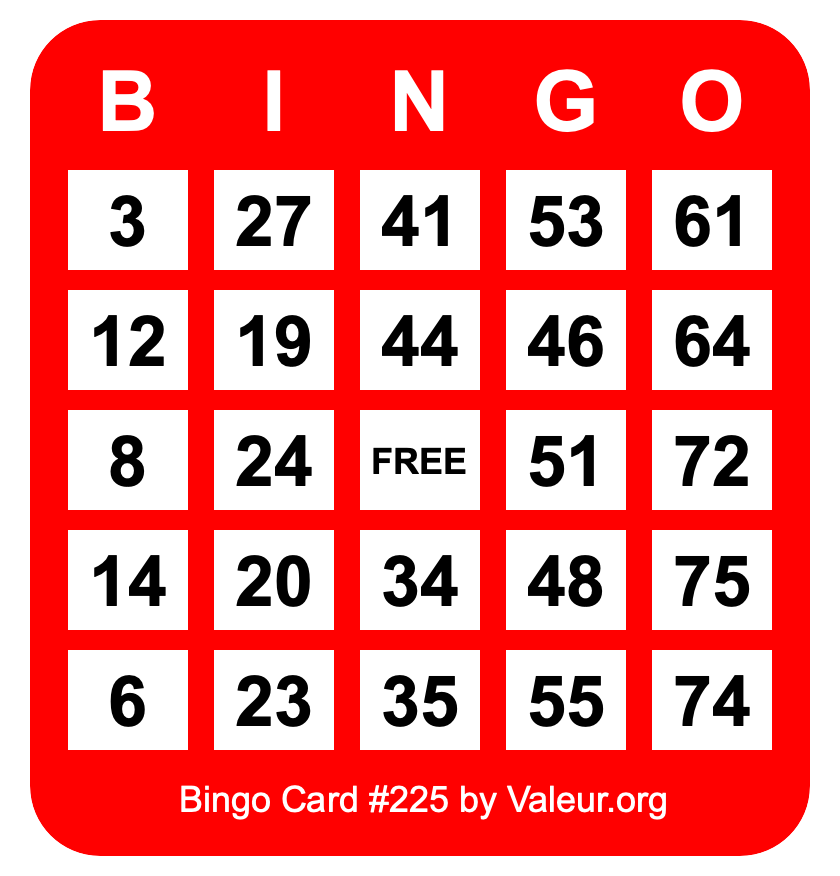 Bingo Card #225 Bingo Card #225
