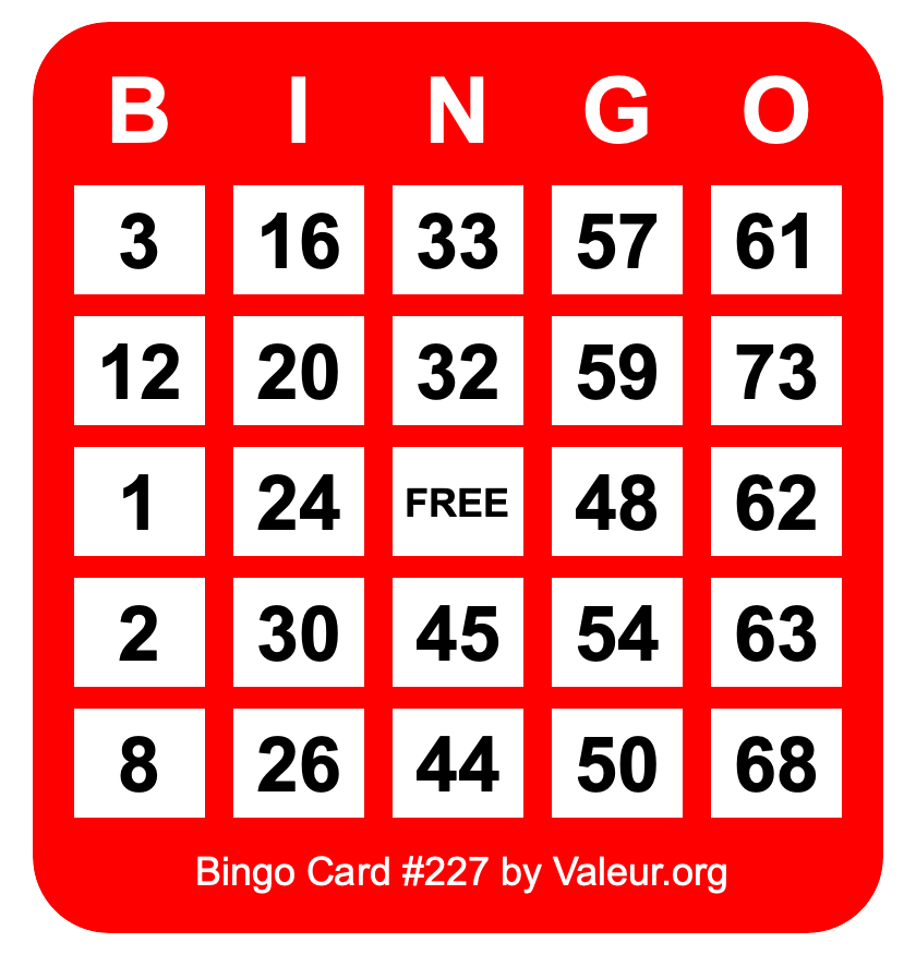 Bingo Card #227 Bingo Card #227
