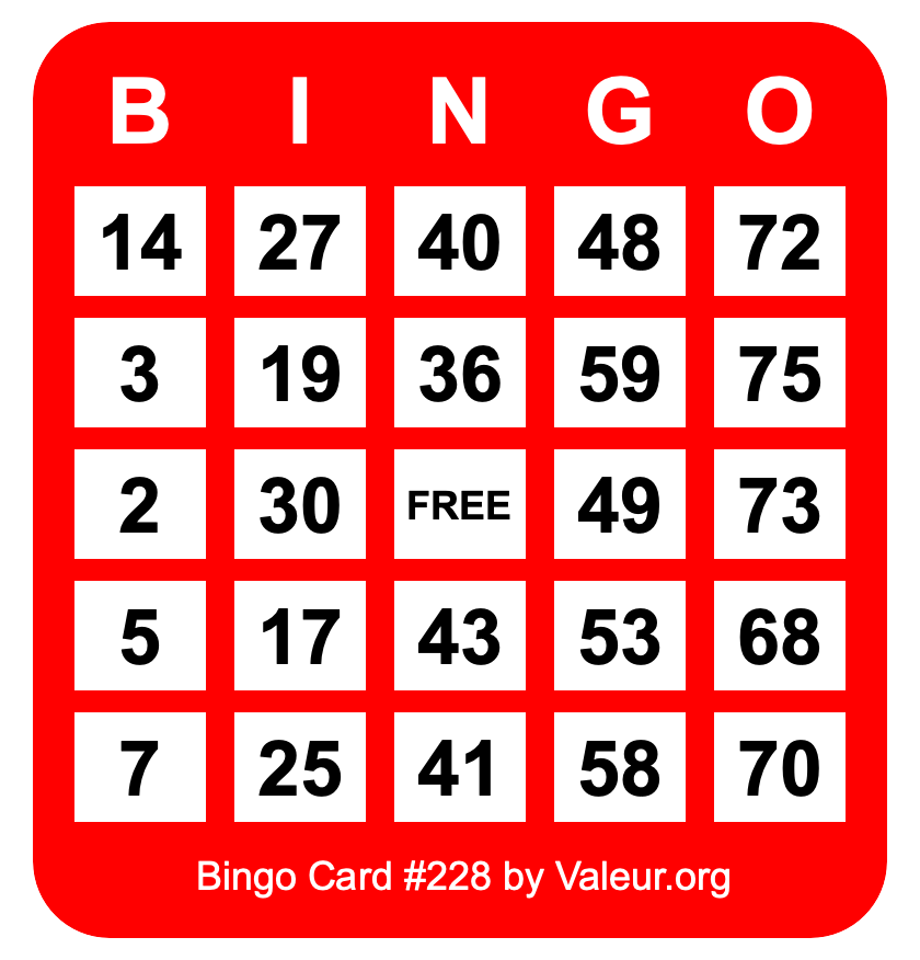 Bingo Card #228 Bingo Card #228
