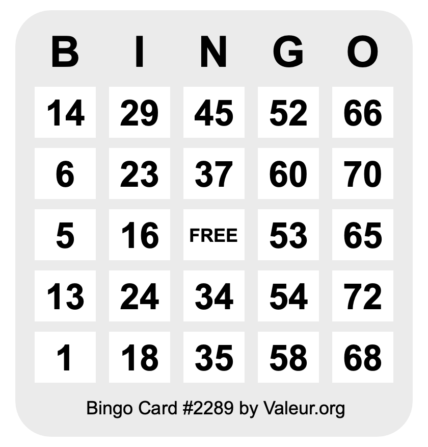 Bingo Card #2289 Bingo Card #2289