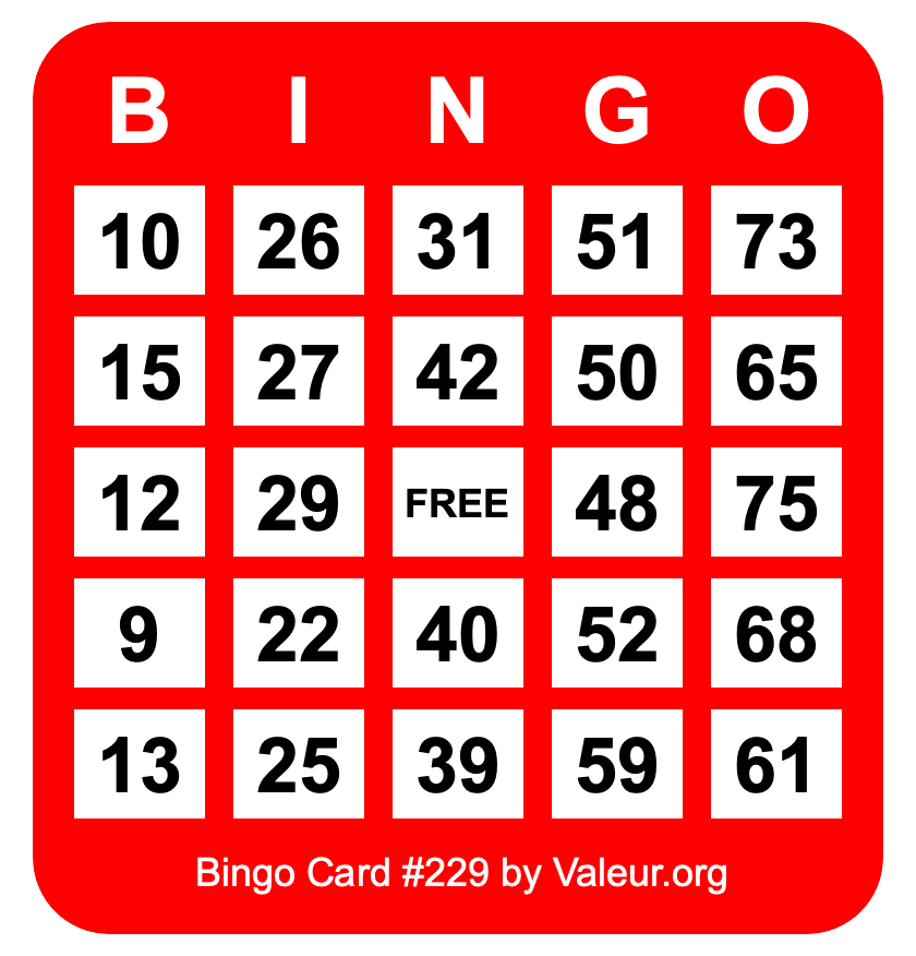 Bingo Card #229 Bingo Card #229