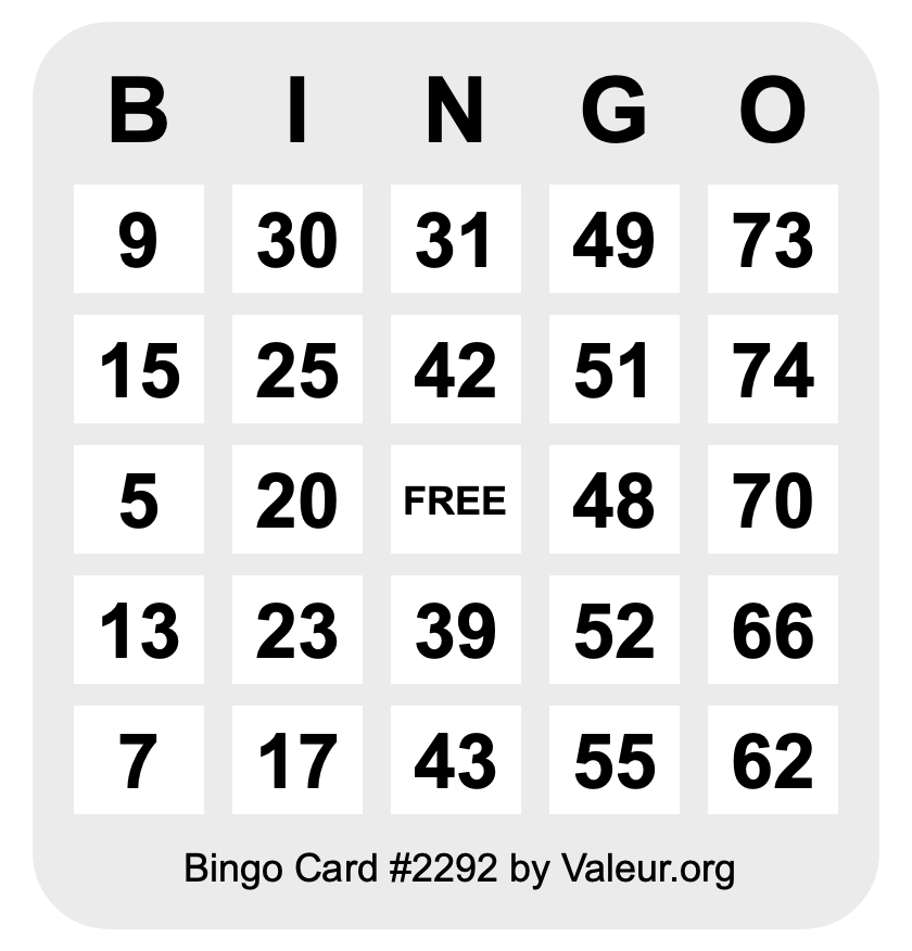 Bingo Card #2292 Bingo Card #2292