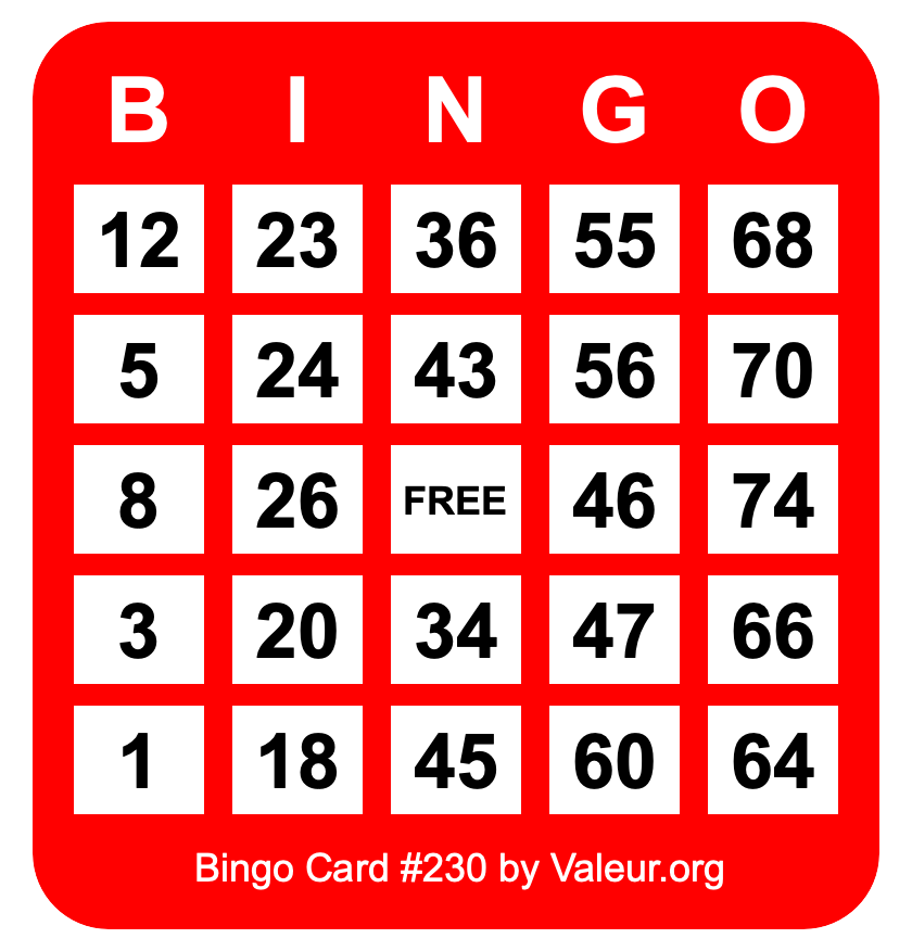Bingo Card #230 Bingo Card #230
