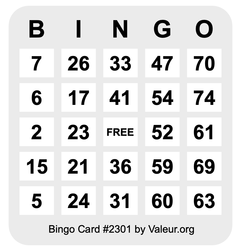 Bingo Card #2301
