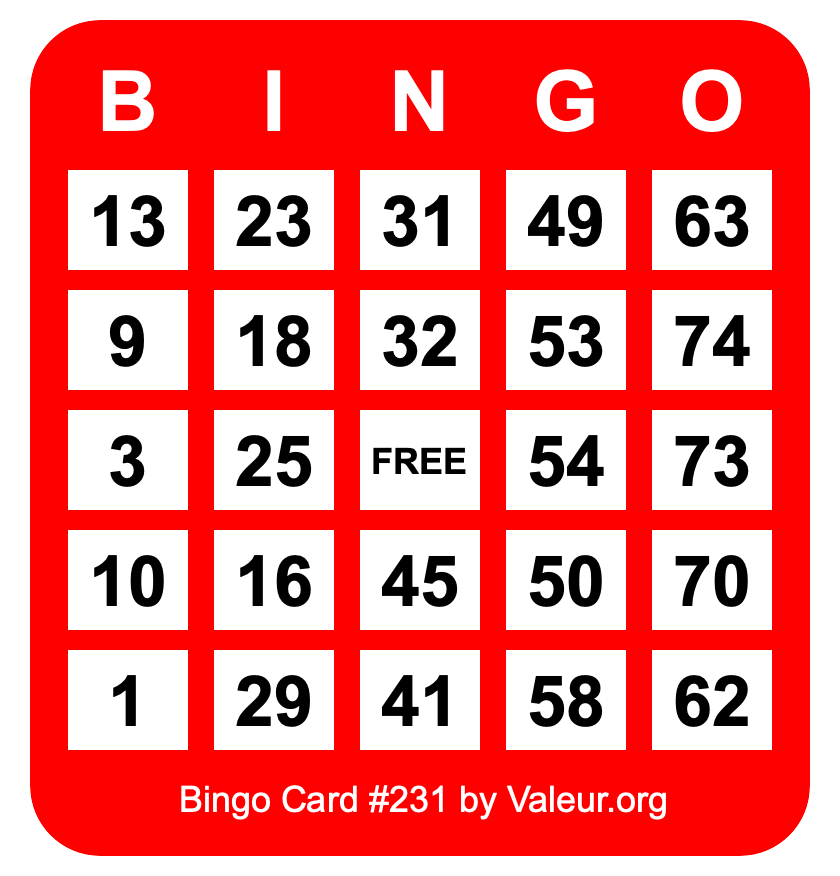 Bingo Card #231 Bingo Card #231