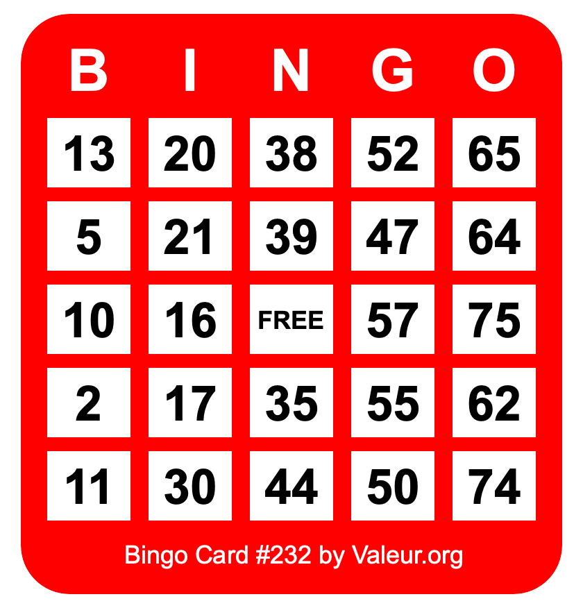 Bingo Card #232 Bingo Card #232