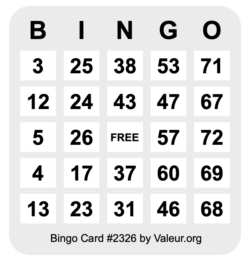 Bingo Card #2326 Bingo Card #2326