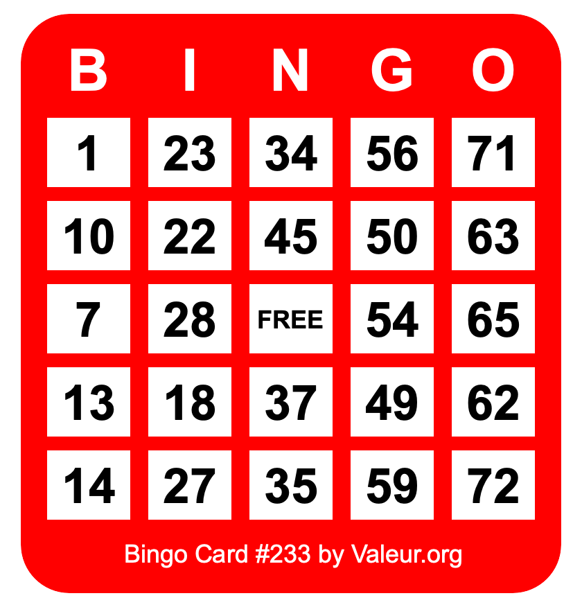 Bingo Card #233 Bingo Card #233