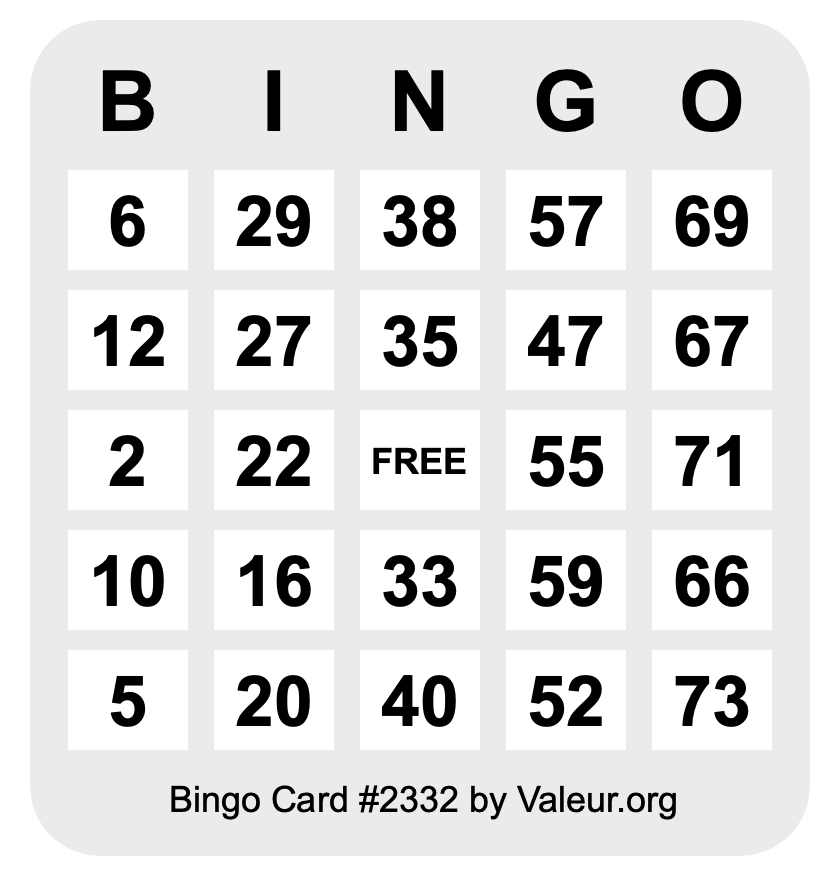Bingo Card #2332 Bingo Card #2332
