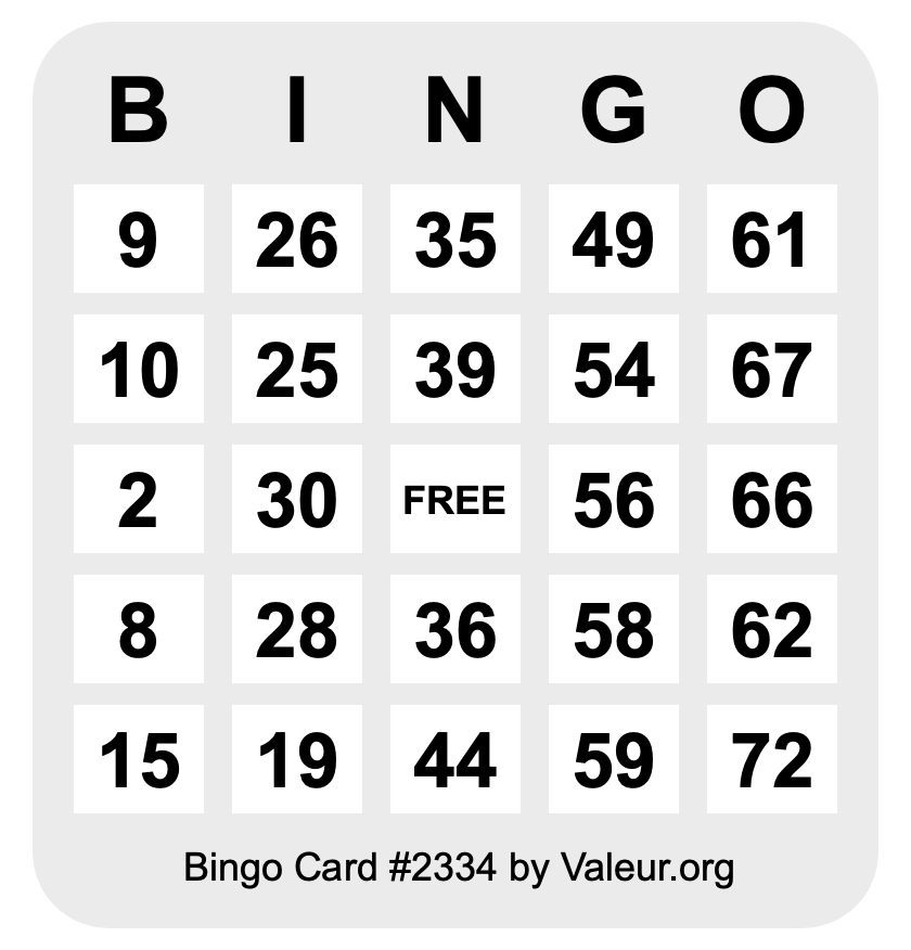 Bingo Card #2334 Bingo Card #2334