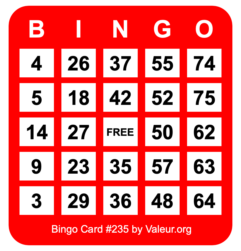 Bingo Card #235 Bingo Card #235