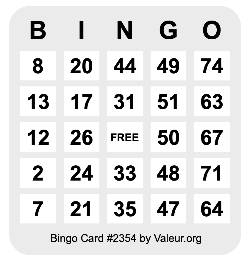 Bingo Card #2354 Bingo Card #2354