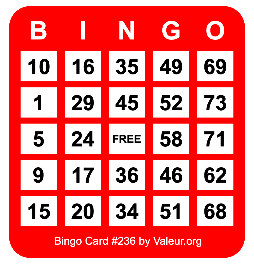 Bingo Card #236 Bingo Card #236