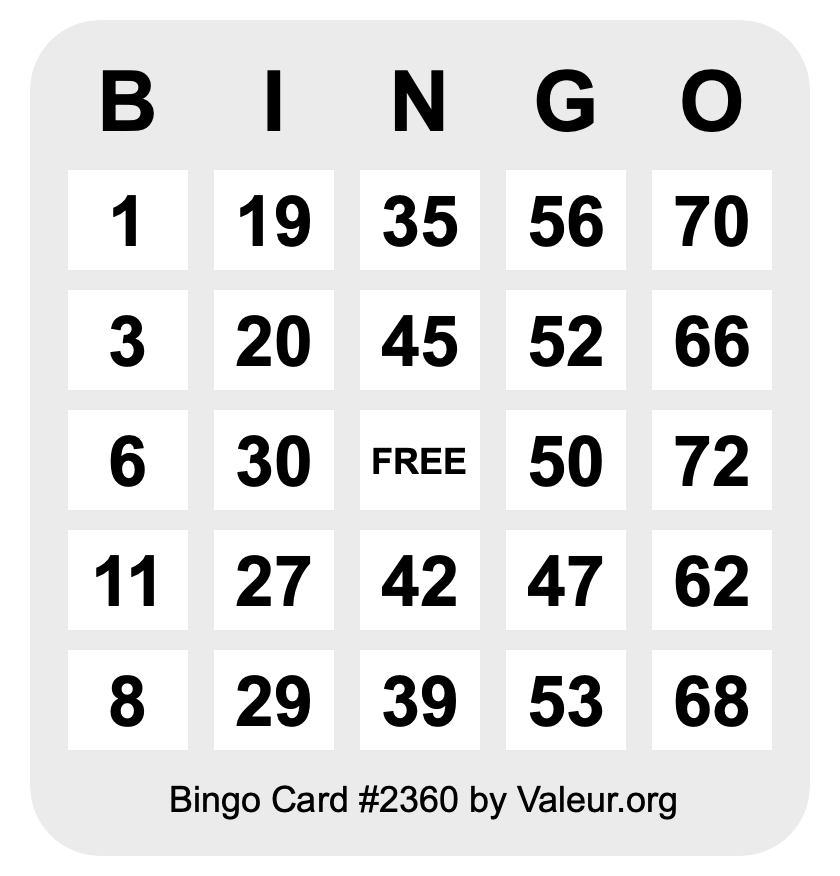 Bingo Card #2360 Bingo Card #2360