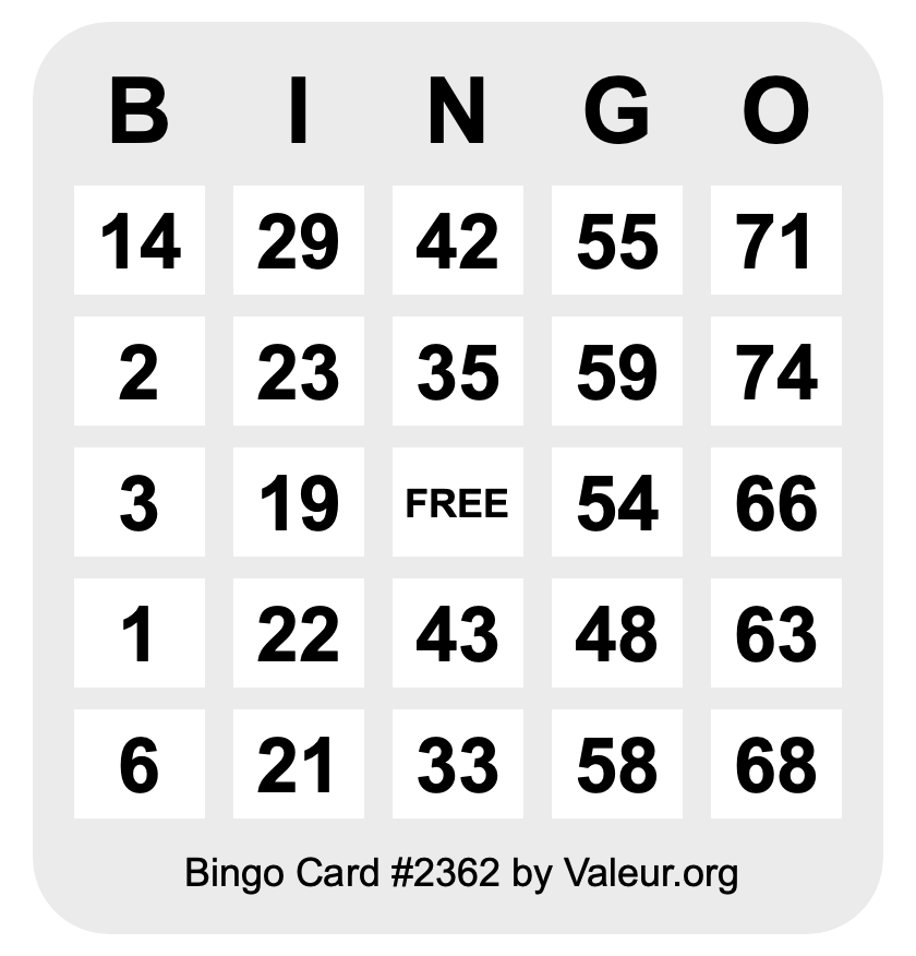 Bingo Card #2362 Bingo Card #2362