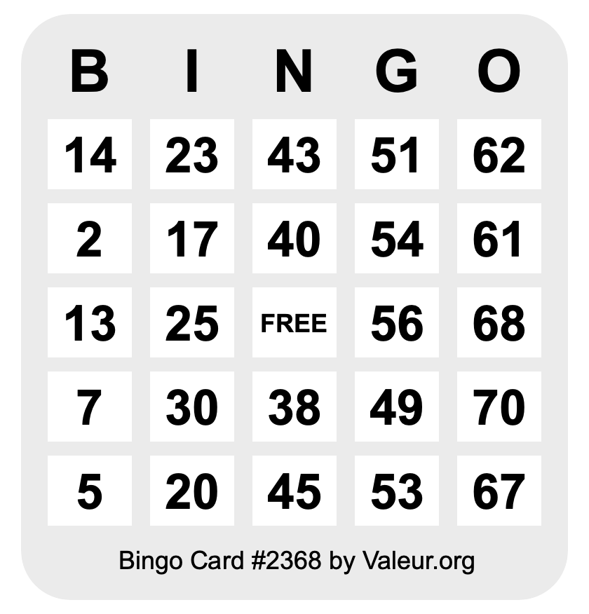 Bingo Card #2368 Bingo Card #2368