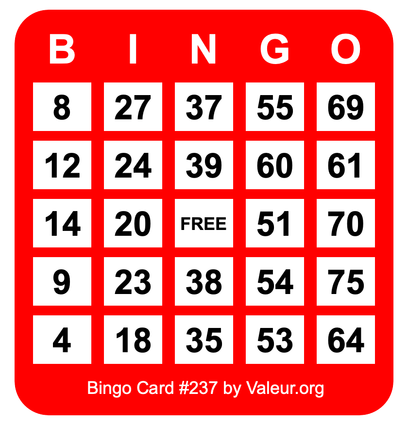 Bingo Card #237 Bingo Card #237