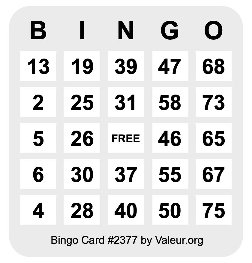 Bingo Card #2377 Bingo Card #2377