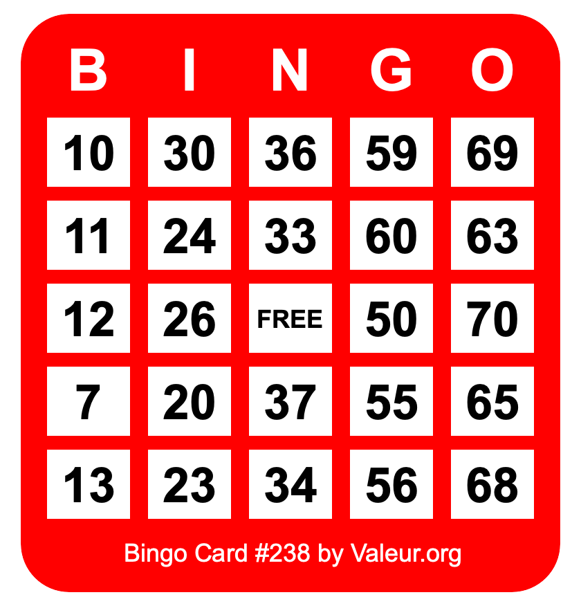 Bingo Card #238 Bingo Card #238