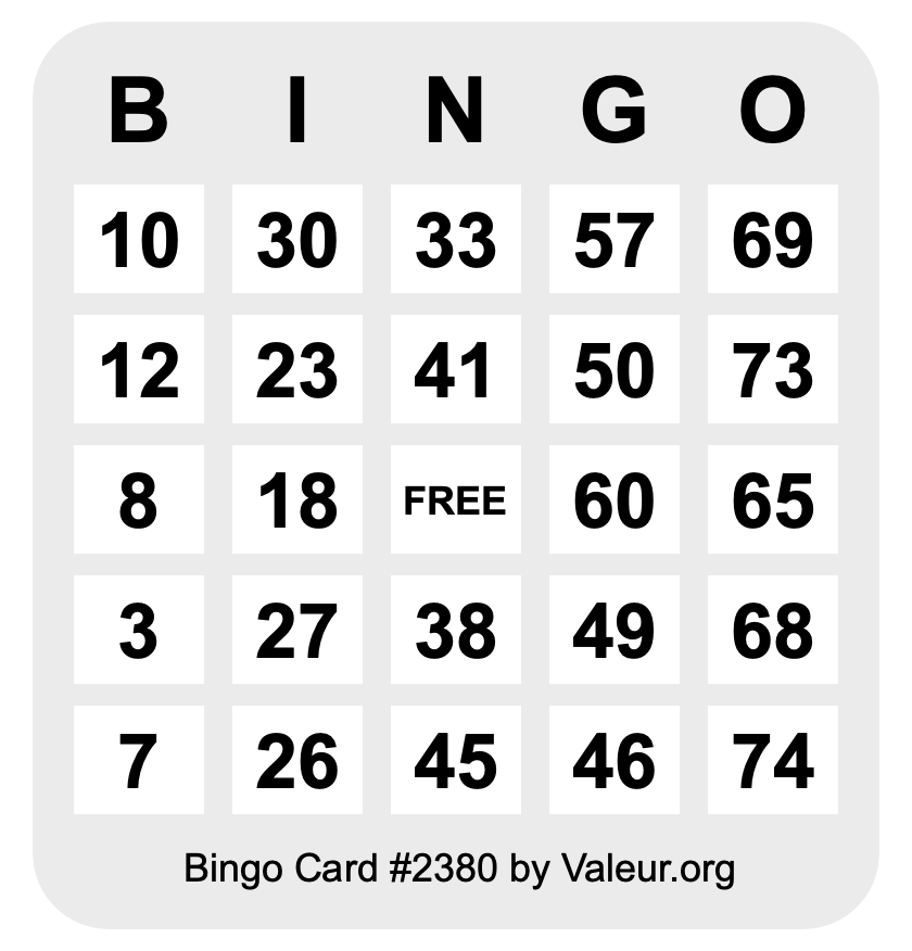 Bingo Card #2380 Bingo Card #2380